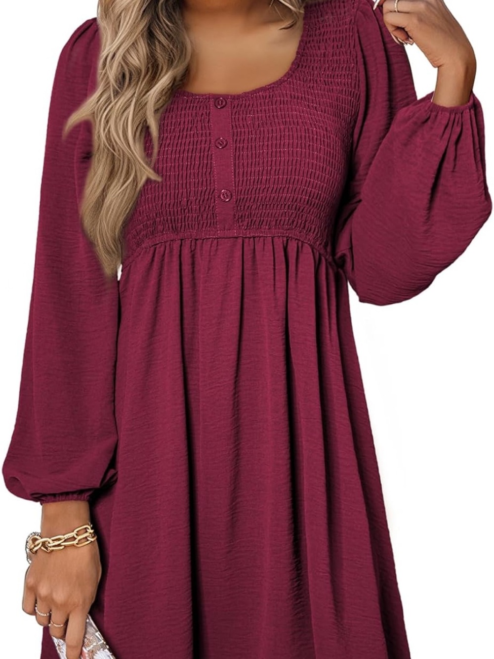 5/$25 Women's Smocked Yoke Long Sleeve Dress - Burgundy - Picture 2 of 3